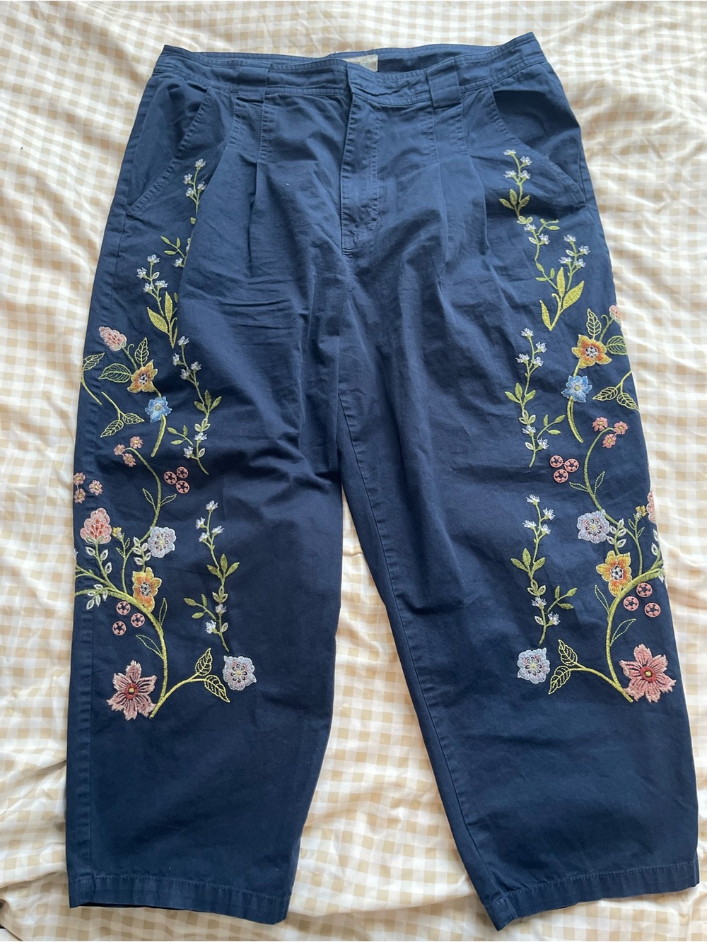 Sundance Navy Pants with Multicolor Floral Embroidery